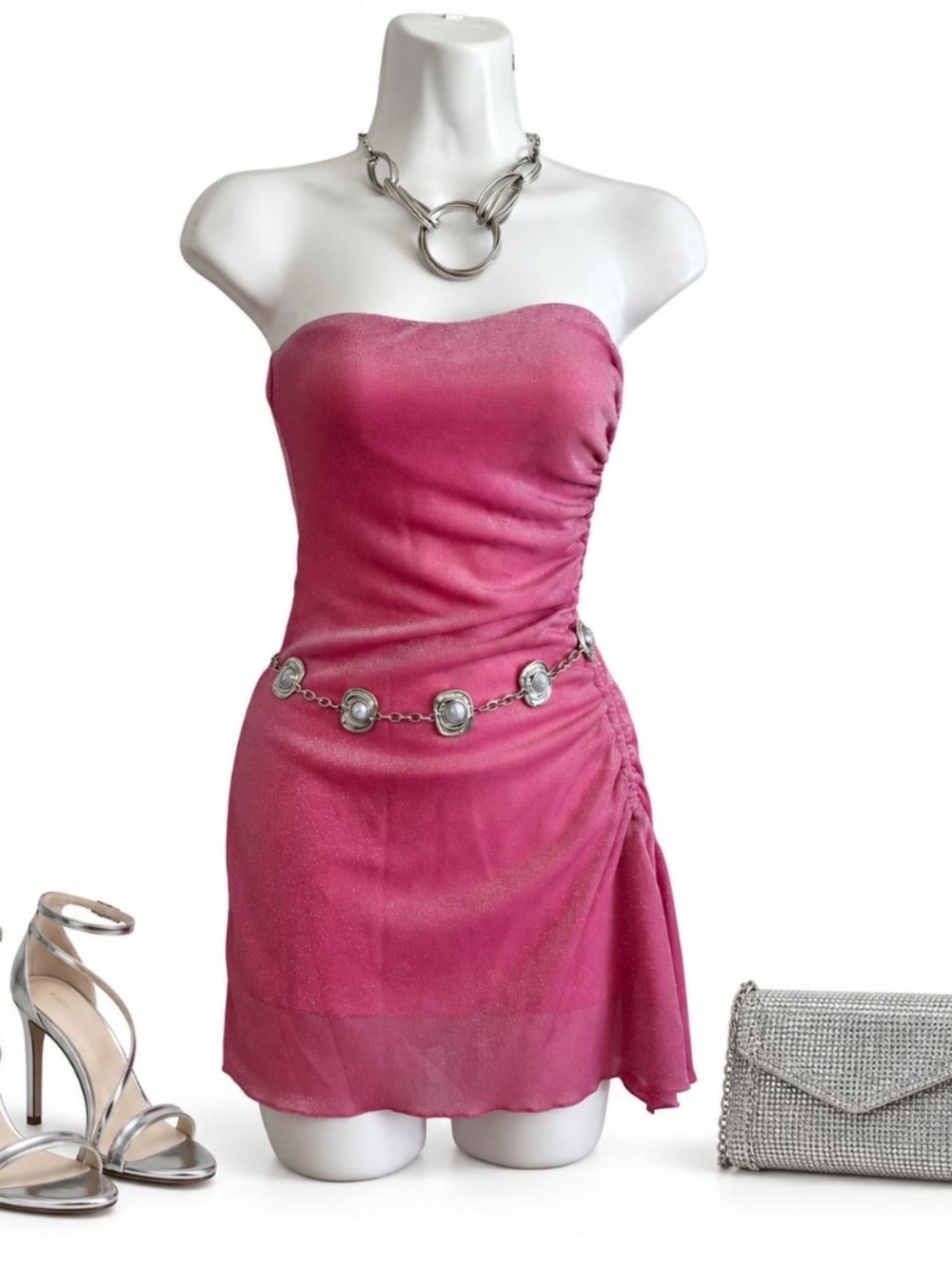 Princess Polly Pink Shimmer Ruched Mini Dress Size 2